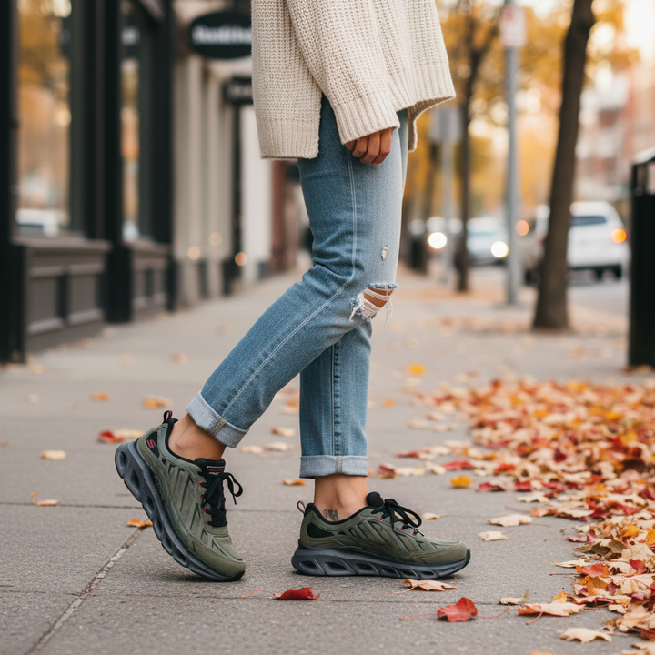ada-shoes.ro Skechers Glide-Step Altus olive green and black sneakers with red accents worn on a city sidewalk