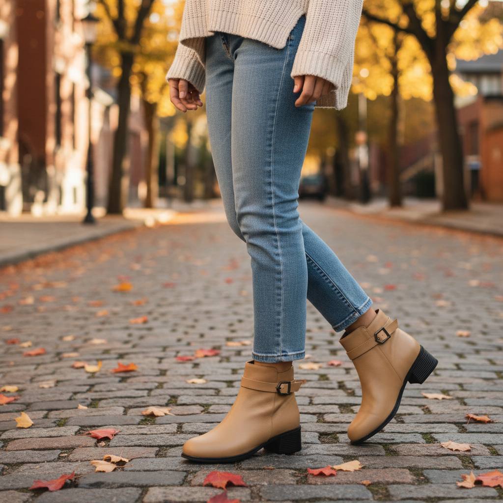 ada-shoes.ro Berliner cream suede ankle boots with decorative buckle and block heel worn with jeans on a city street