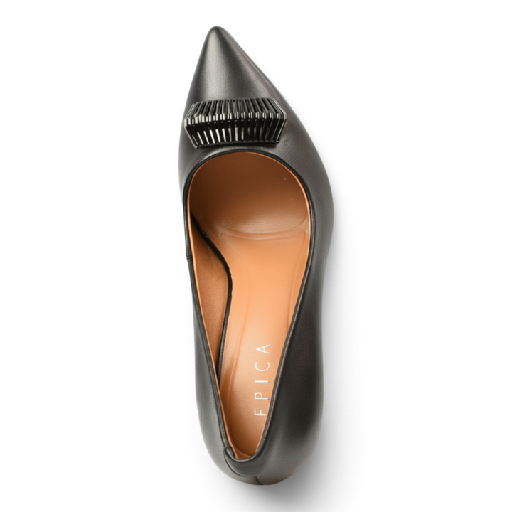 ada-shoes.ro Epica black leather stiletto pumps with a pointed toe and decorative metallic detail on the front