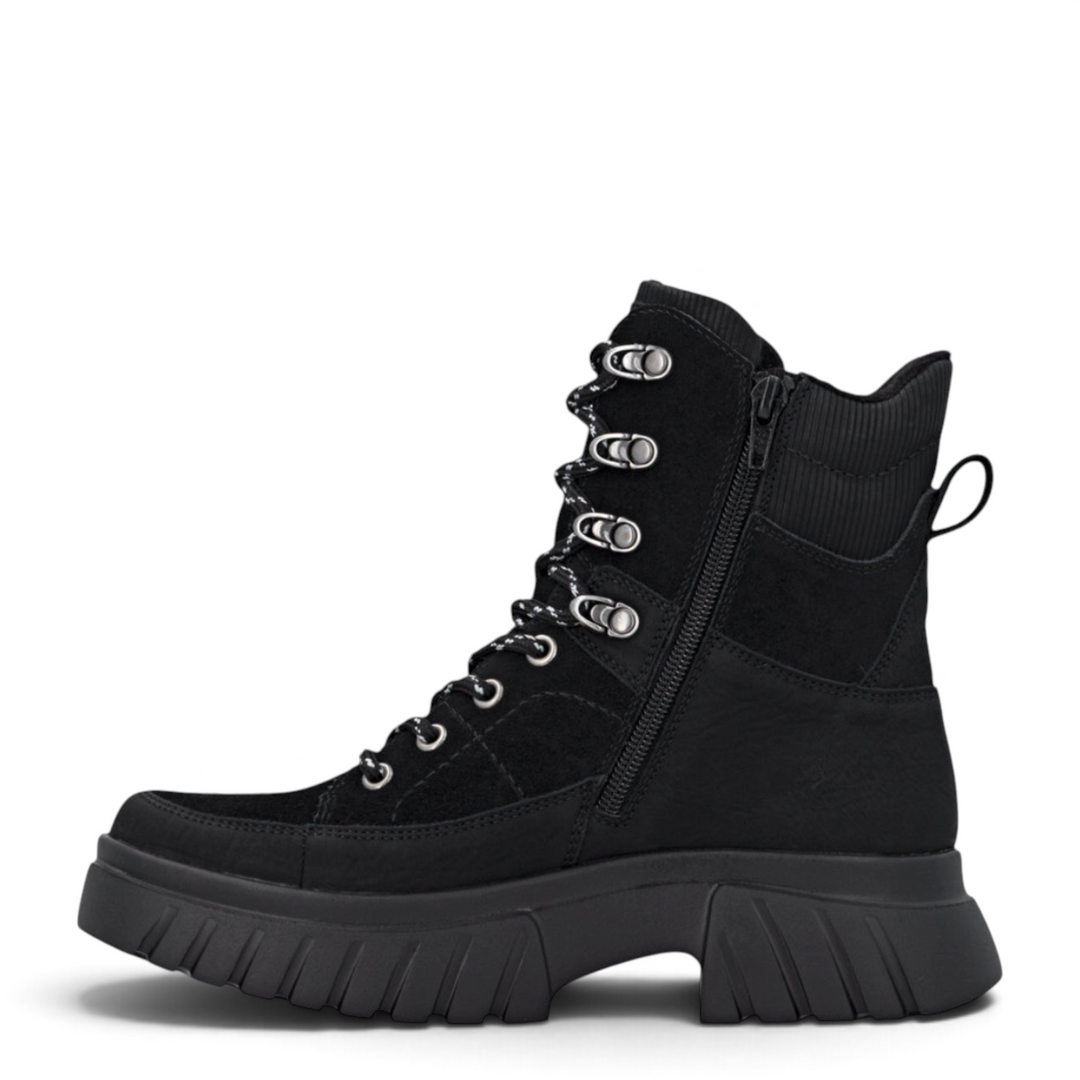 ada-shoes.ro black Rieker Tex casual ankle boots with lace-up front, side zipper, and chunky lug sole