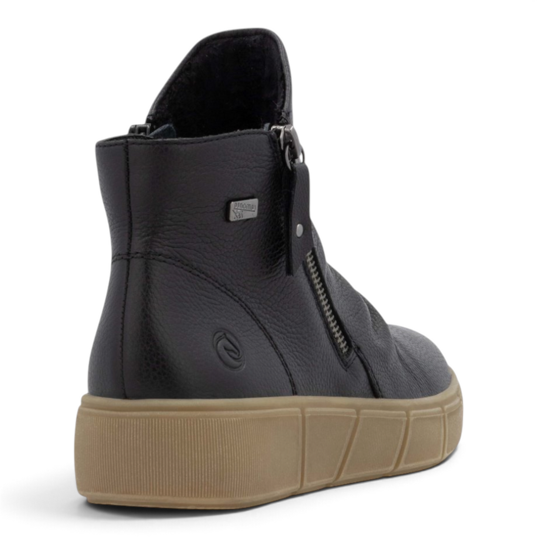 ada-shoes.ro Remonte black leather ankle boots with slouchy design, double side zippers, and thick caramel sole