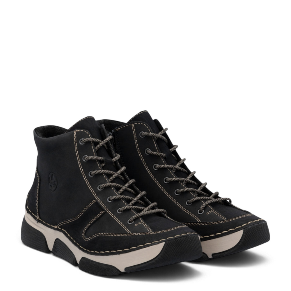 ada-shoes.ro Rieker black nubuck leather casual boots with cream contrast stitching and flexible bicolor sole