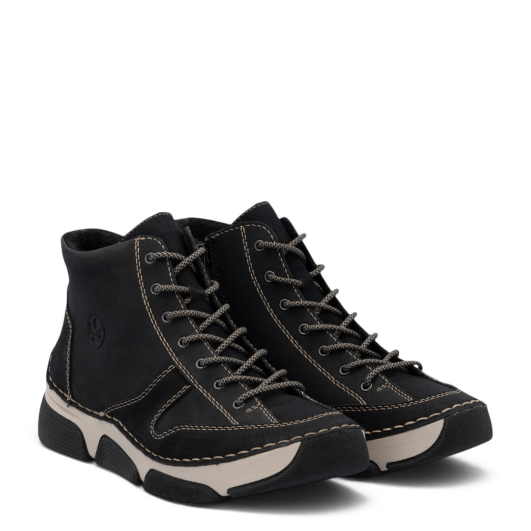 ada-shoes.ro Rieker black nubuck leather casual boots with cream contrast stitching and flexible bicolor sole