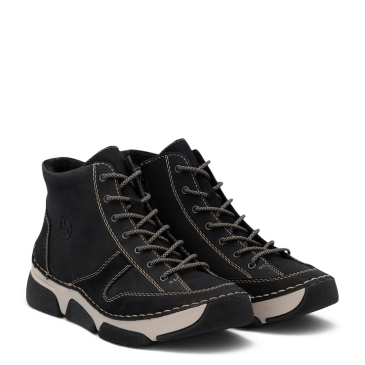 ada-shoes.ro Rieker black nubuck leather casual boots with cream contrast stitching and flexible bicolor sole