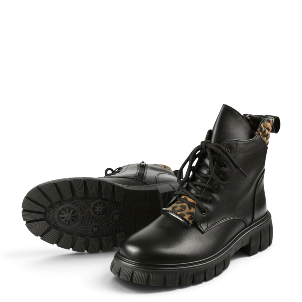 ada-shoes.ro Feeling black leather casual boots with lace-up closure, side zipper, and leopard print accents.