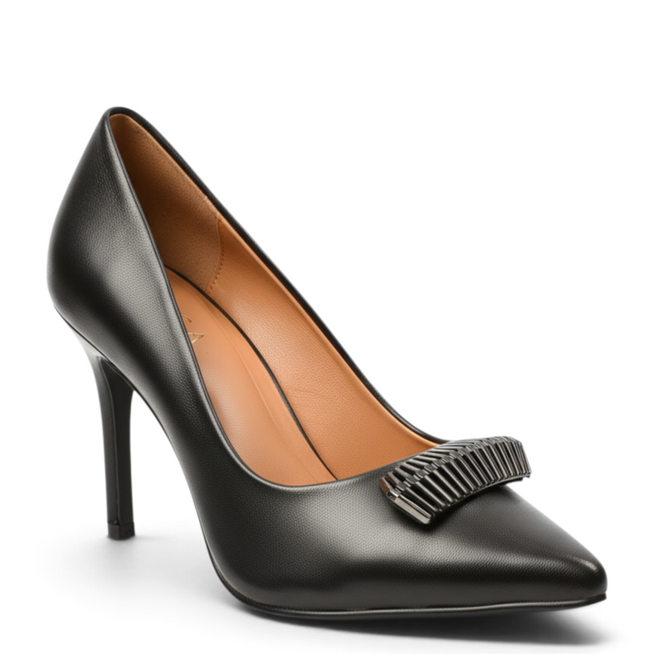 ada-shoes.ro Epica black leather stiletto pumps with a pointed toe and decorative metallic bow detail