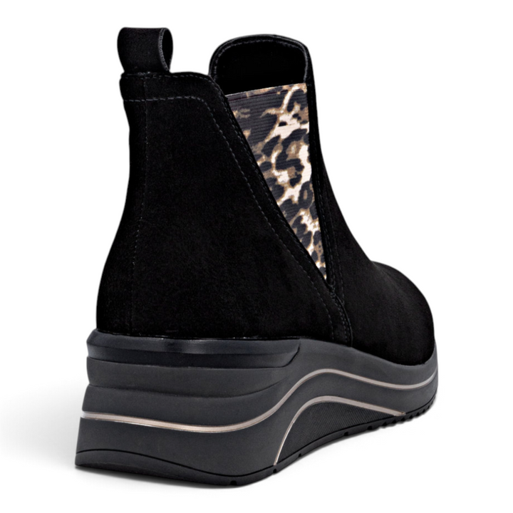 ada-shoes.ro Remonte black suede sneaker boots with animal print elastic side panel and platform sole, rear view