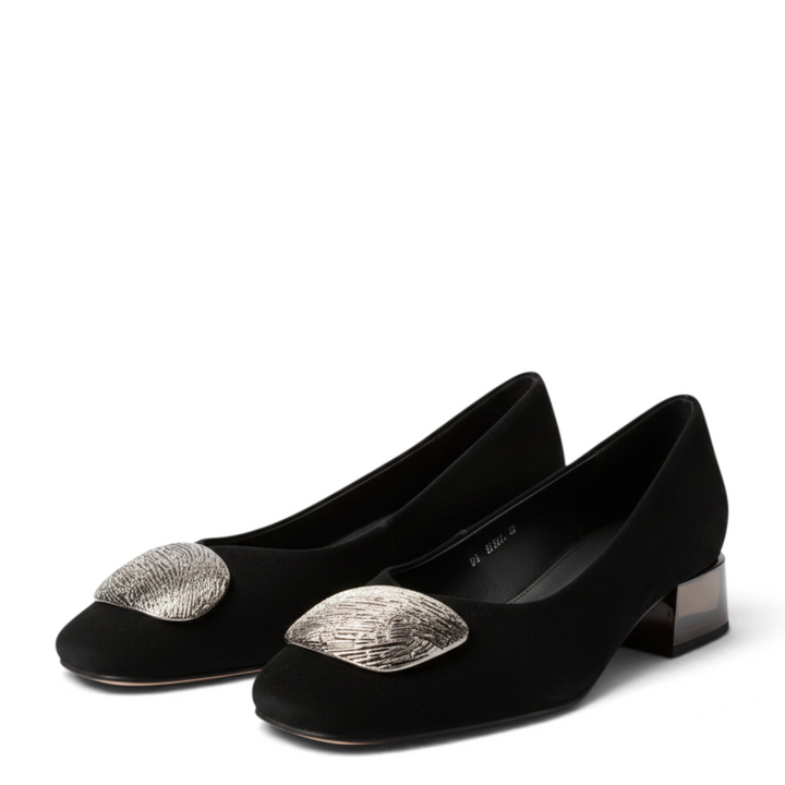 ada-shoes.ro Epica black suede elegant pumps with a decorative silver metallic accent and a low block heel