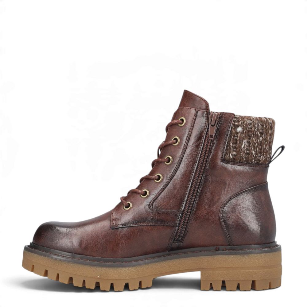 ada-shoes.ro Rieker brown cognac faux leather ankle boots with knitted collar, side zipper, and lug sole