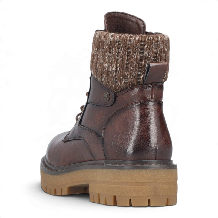 ada-shoes.ro Rieker brown cognac faux leather ankle boots with a knitted collar and thick lug sole, rear view.