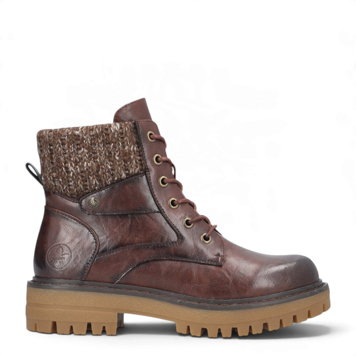 ada-shoes.ro Rieker brown cognac faux leather ankle boot with knitted collar, thick lug sole, and lace-up closure.