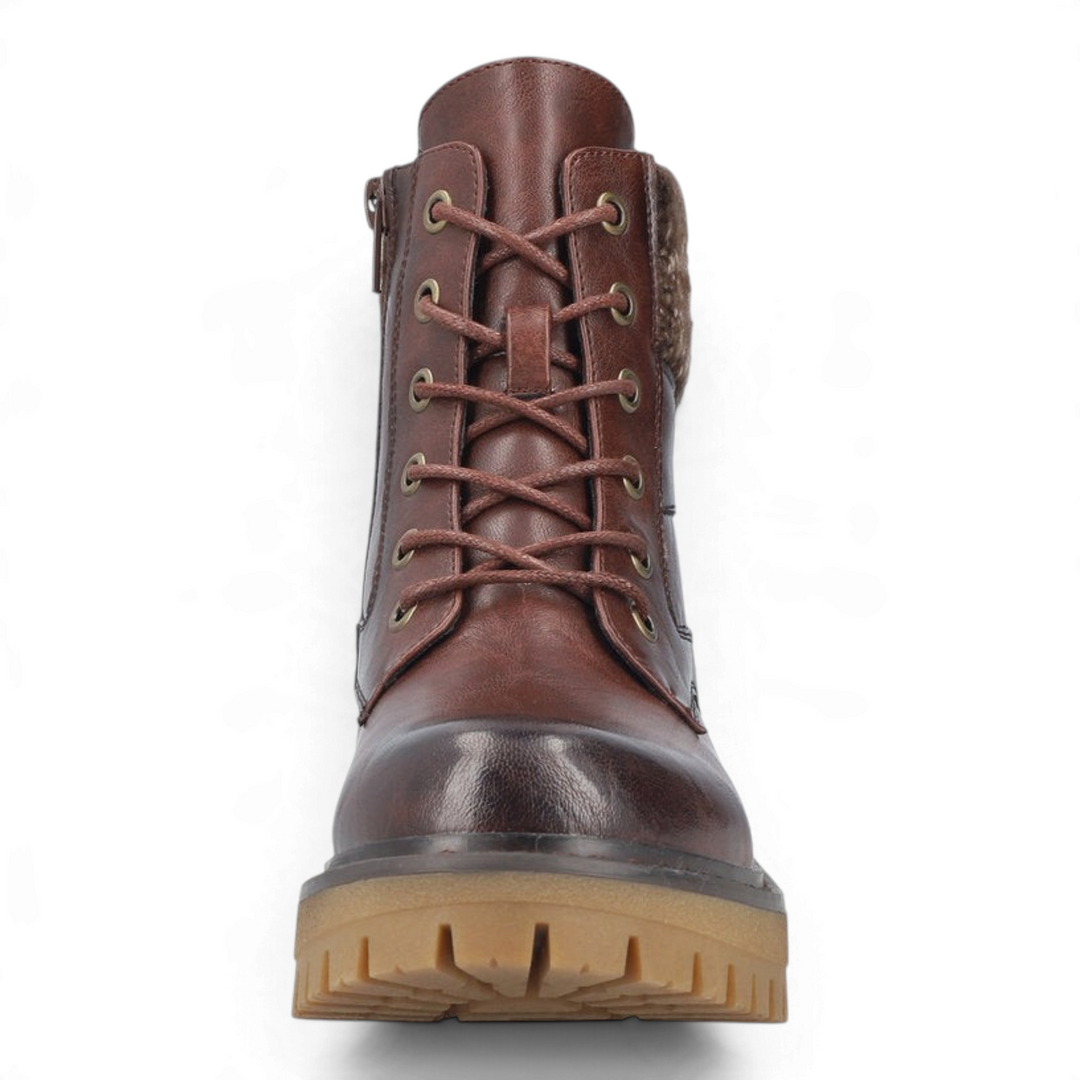 ada-shoes.ro Rieker brown cognac faux leather lace-up boots with knitted collar and thick lug sole, front view