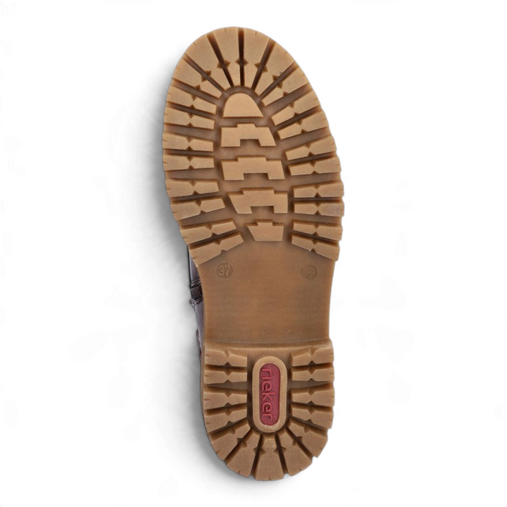 ada-shoes.ro Rieker brown cognac boot sole with deep tread pattern for traction and embossed logo
