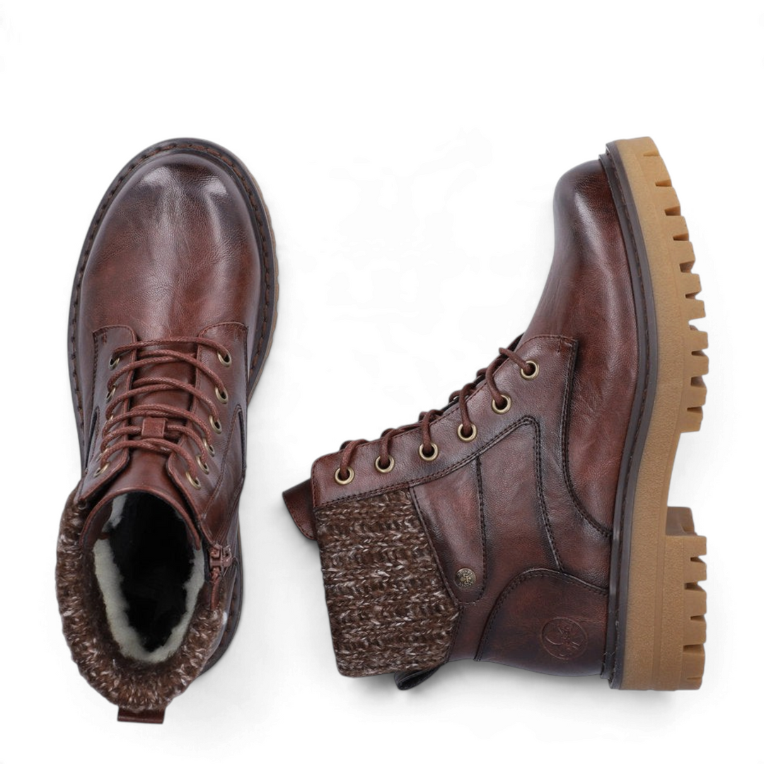 ada-shoes.ro Rieker brown cognac faux leather ankle boots with knitted collar, faux fur lining, and lug sole