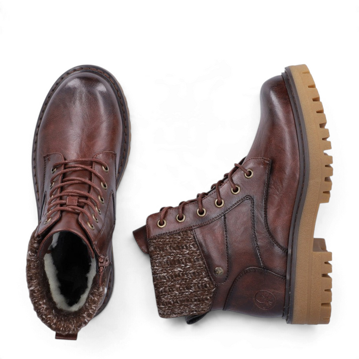 ada-shoes.ro Rieker brown cognac faux leather ankle boots with knitted collar, faux fur lining, and lug sole
