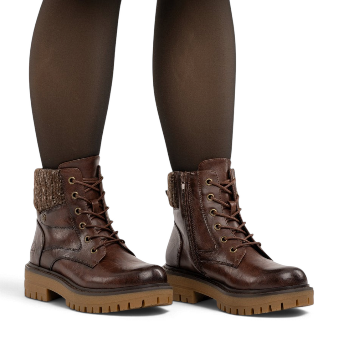 ada-shoes.ro Rieker brown cognac faux leather lace-up boots with knitted collar and thick lug sole