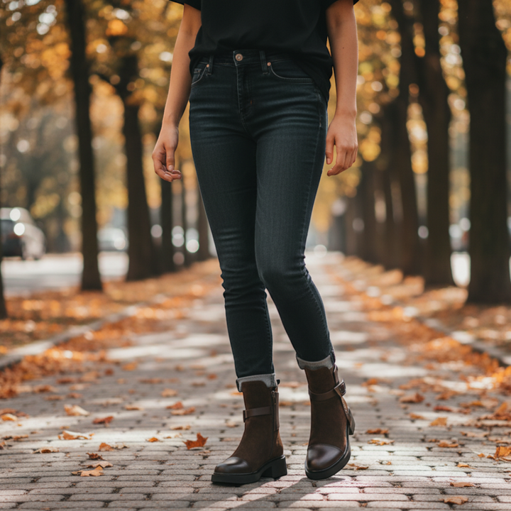 ada-shoes.ro Epica brown suede and leather biker boots with buckle detail worn with jeans on an autumn path
