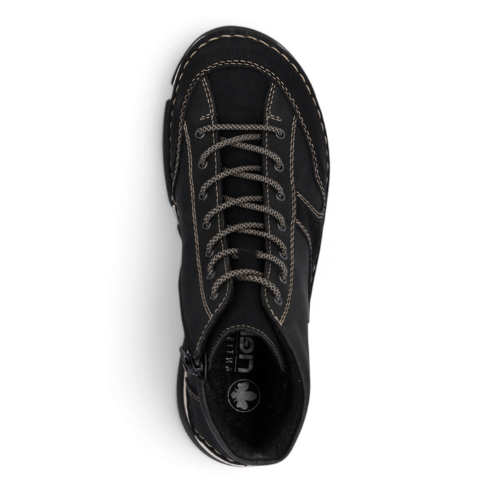 ada-shoes.ro Rieker black nubuck leather ankle boots with cream contrast stitching and side zipper, top view.