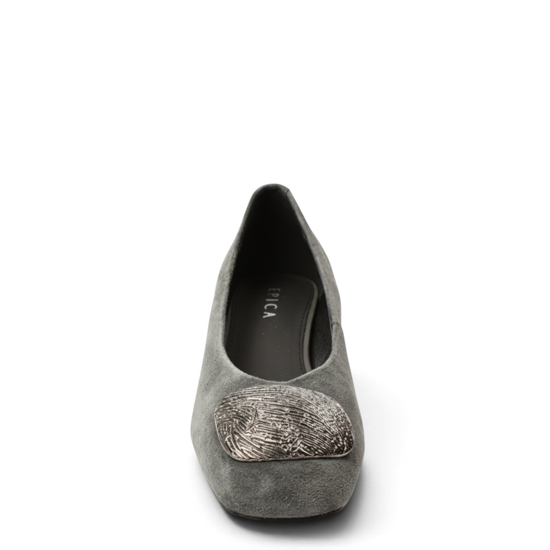 ada-shoes.ro Epica grey suede elegant pumps with a textured silver metallic square buckle detail