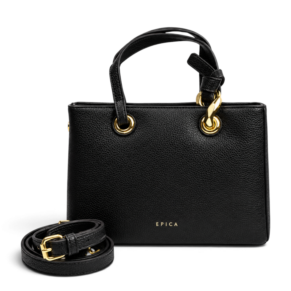 ada-shoes.ro Epica black textured handbag with gold hardware, top handles, and a detachable shoulder strap.