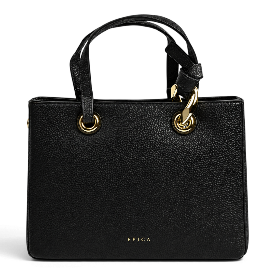 ada-shoes.ro Epica black textured handbag with gold hardware, dual handles, and a structured, elegant design.