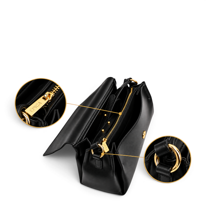 ada-shoes.ro Epica black faux leather handbag interior with gold zipper and metal hardware details