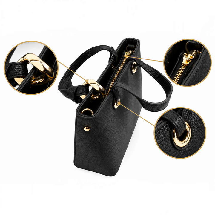 ada-shoes.ro Epica black textured handbag with gold hardware details, featuring close-up views of metal accents.