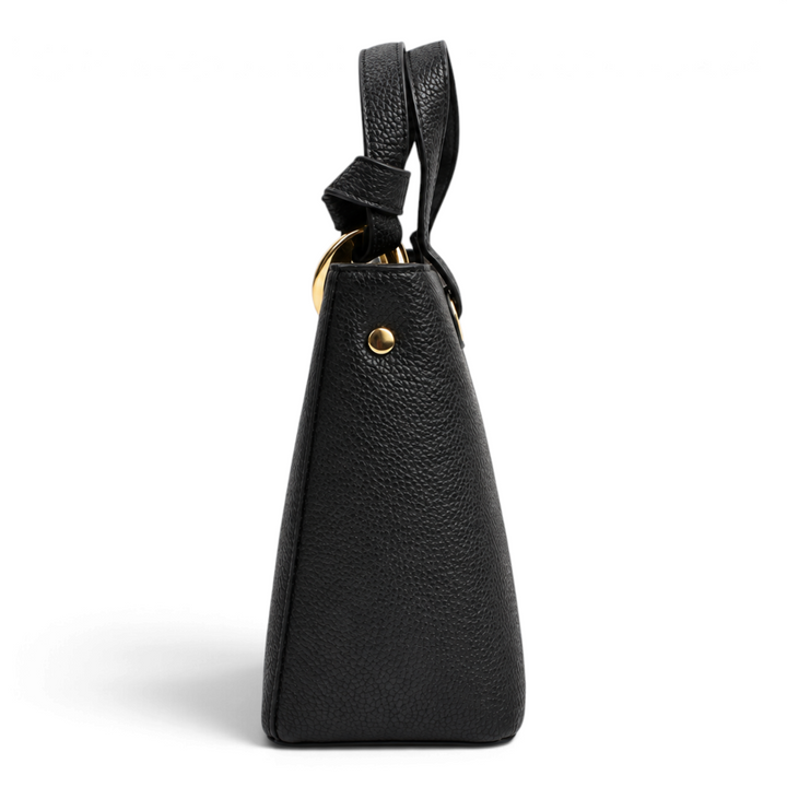 Side view of a black textured leather Epica handbag with gold hardware and structured handles from ada-shoes.ro