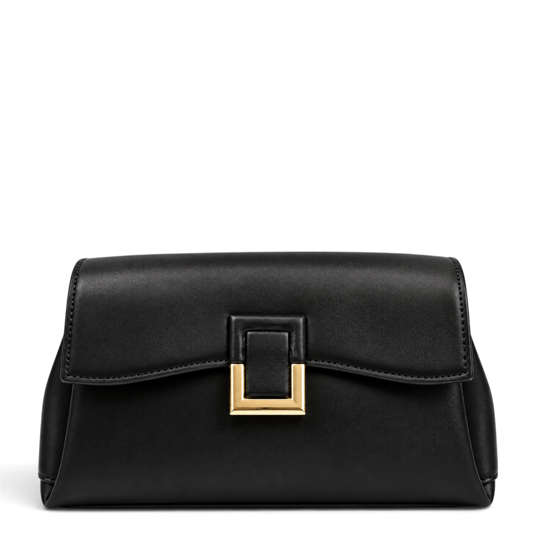 ada-shoes.ro Epica black faux leather handbag with a rectangular gold metal buckle and magnetic flap closure