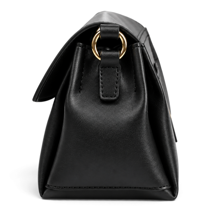 ada-shoes.ro Epica black faux leather handbag side view with gold metal ring detail and structured design