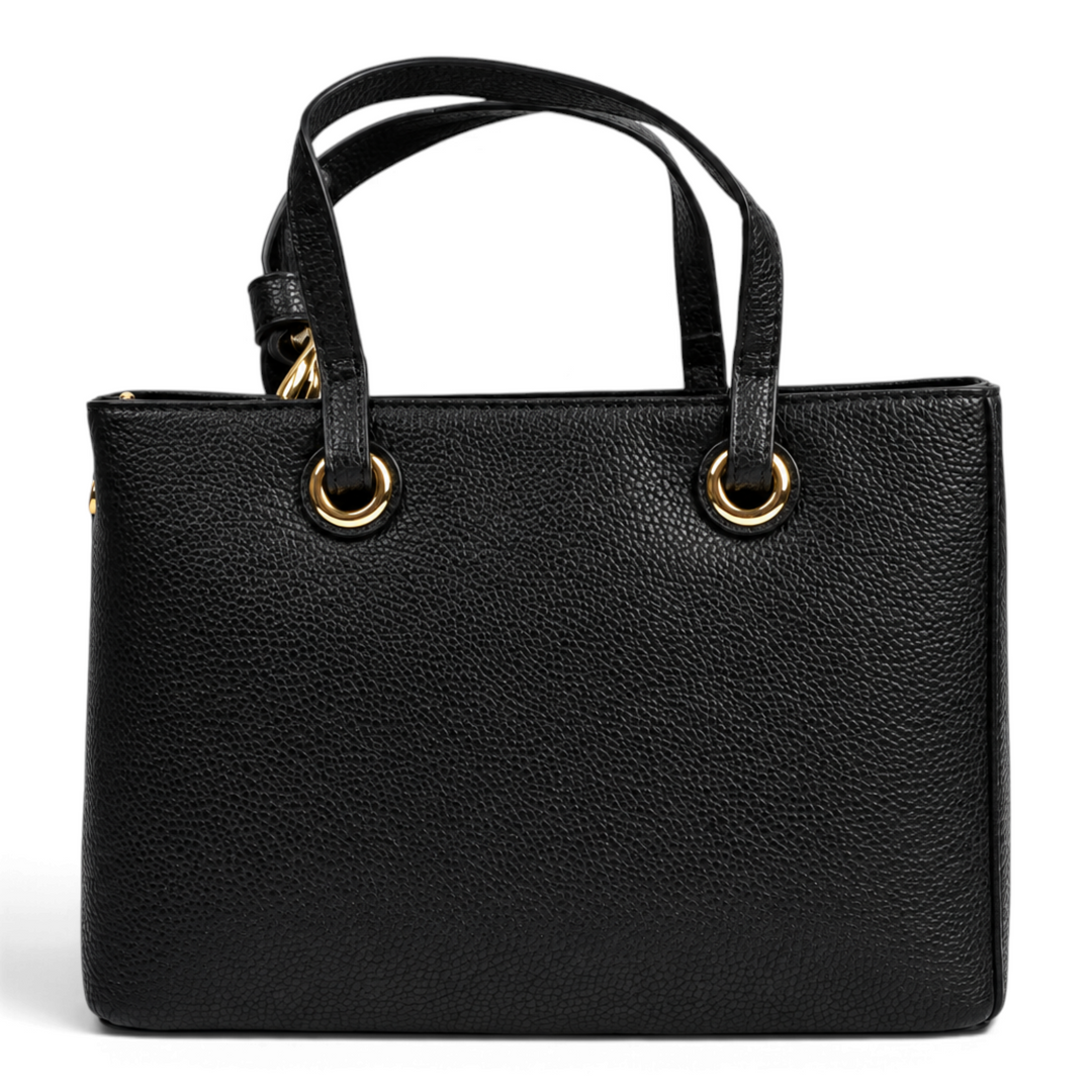 ada-shoes.ro black textured handbag with gold hardware and dual handles, elegant office style.