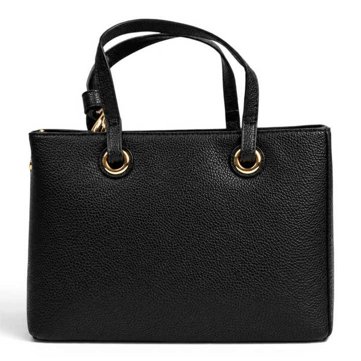 ada-shoes.ro black textured handbag with gold hardware and dual handles, elegant office style.