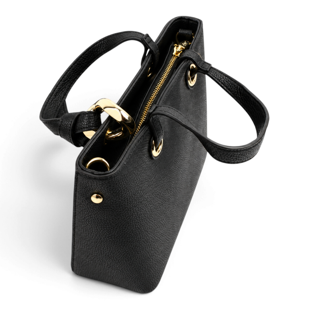 ada-shoes.ro Epica black textured handbag with gold hardware, top zipper closure, and dual handles.
