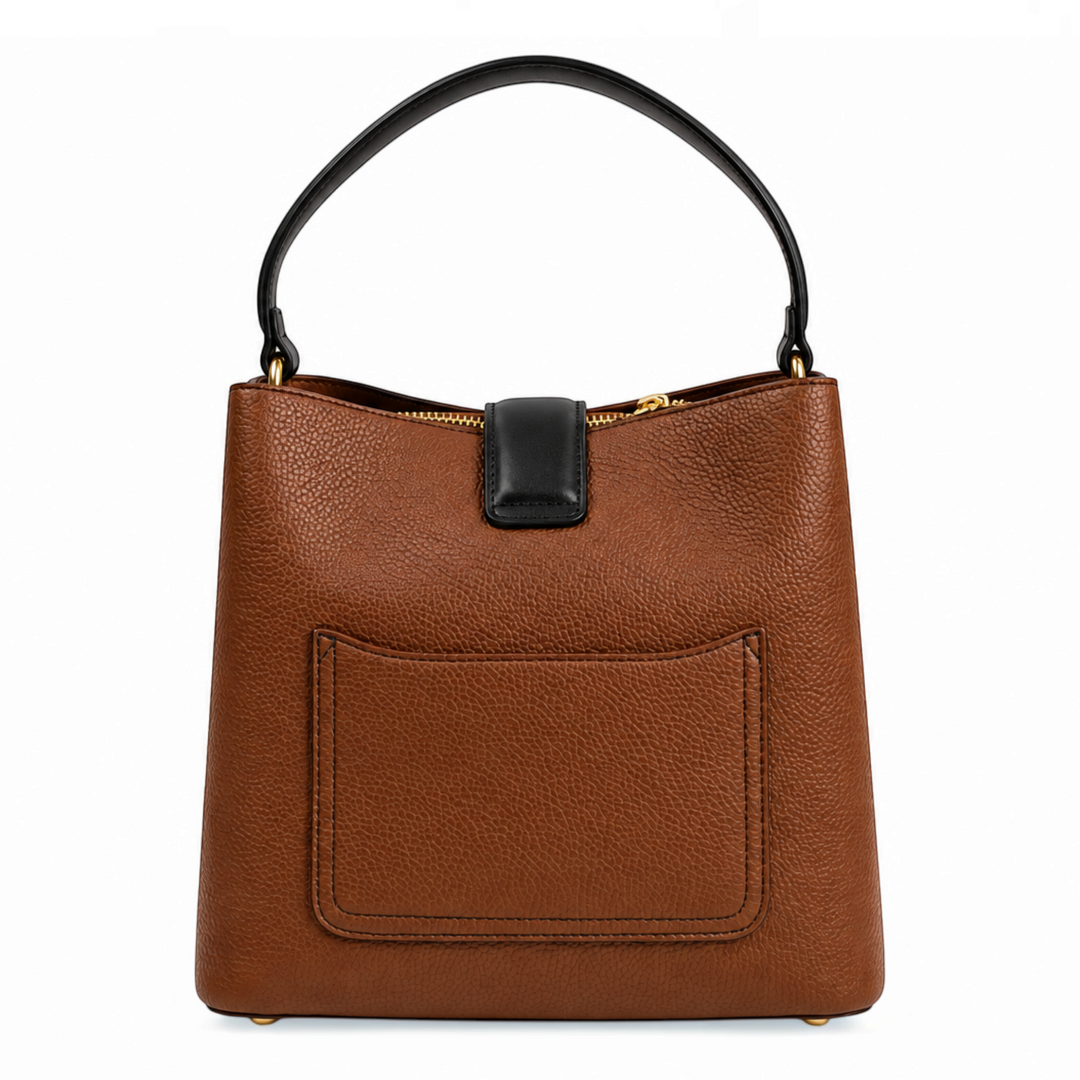 ada-shoes.ro Epica structured bucket bag in cognac brown faux leather with black accents and gold hardware