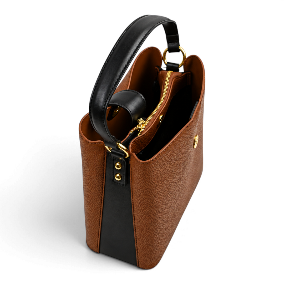 ada-shoes.ro structured cognac brown and black faux leather bucket bag with gold hardware and top handle