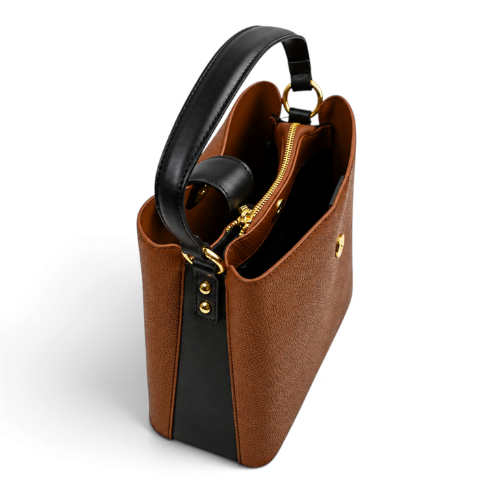 ada-shoes.ro structured cognac brown and black faux leather bucket bag with gold hardware and top handle