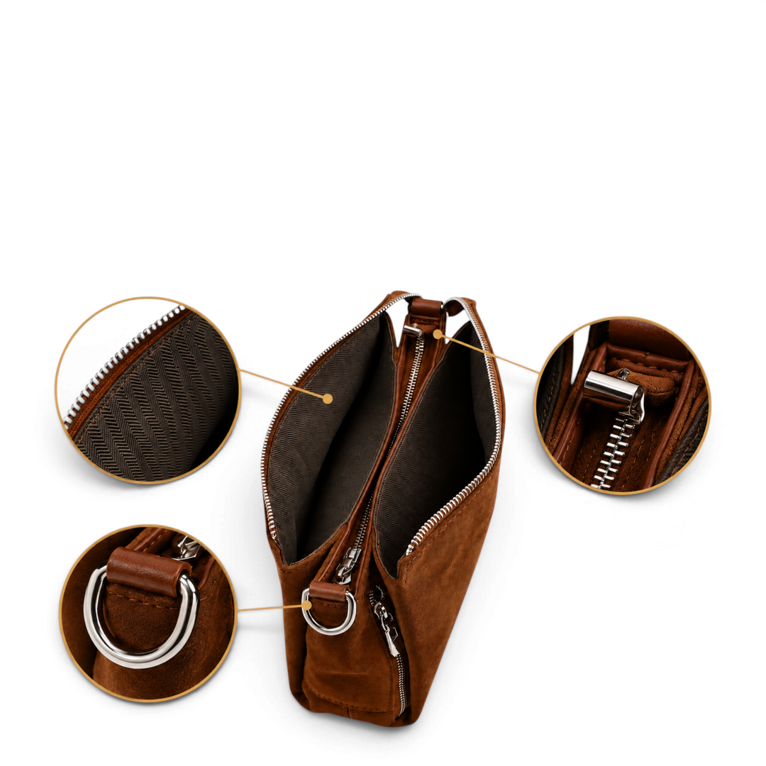 ada-shoes.ro brown suede handbag with dual zip compartments, silver hardware, and detachable strap details.