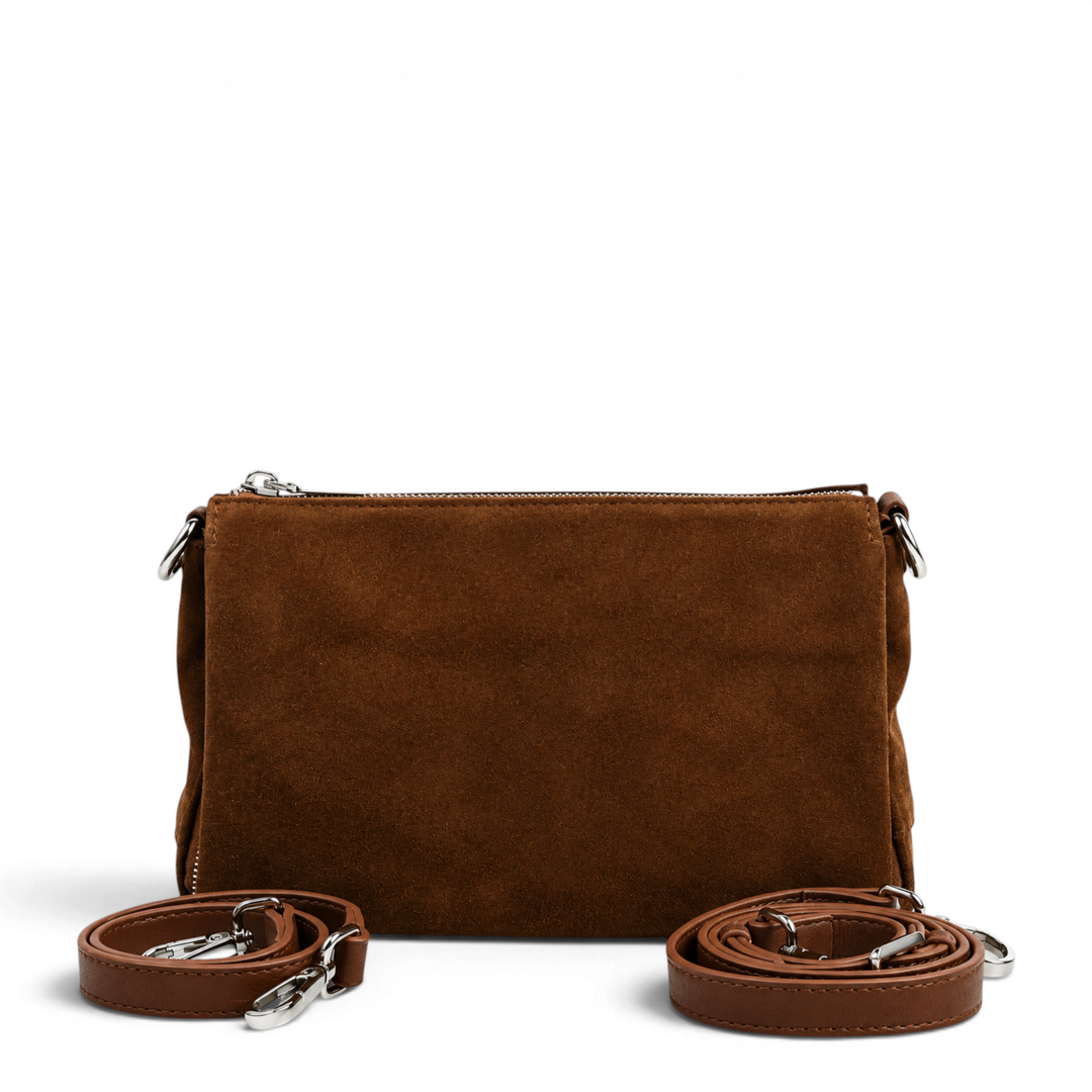 ada-shoes.ro brown suede handbag with silver hardware and two detachable straps on a white background