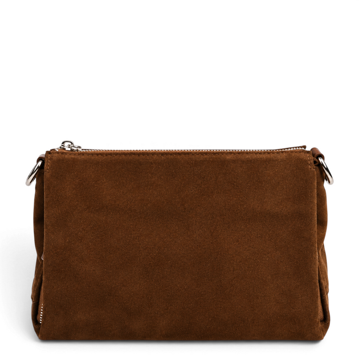 ada-shoes.ro brown suede leather handbag with silver metal hardware and dual zipper compartments