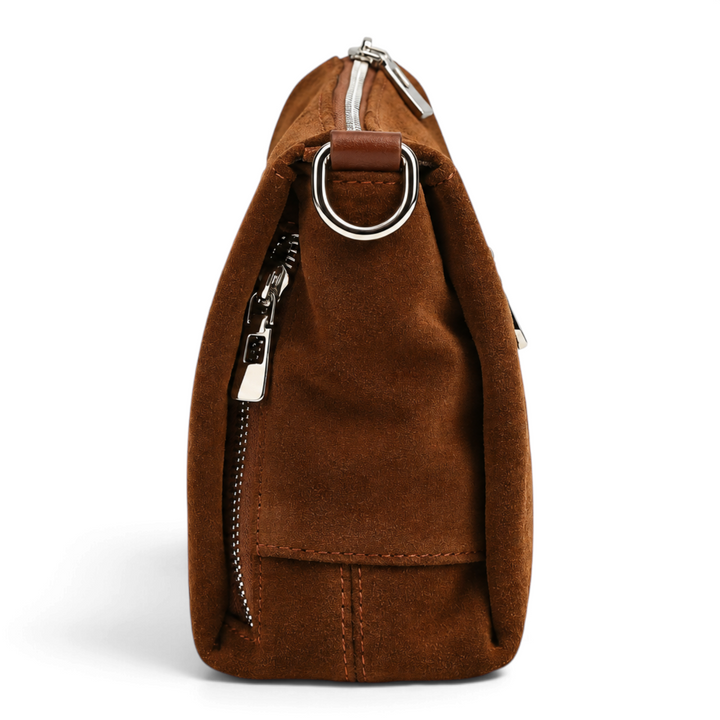 ada-shoes.ro brown suede handbag with silver zippers and side D-ring, side view