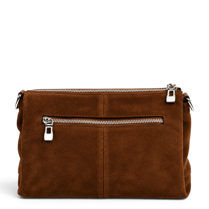 ada-shoes.ro brown suede leather handbag with silver zippers and back pocket, back view