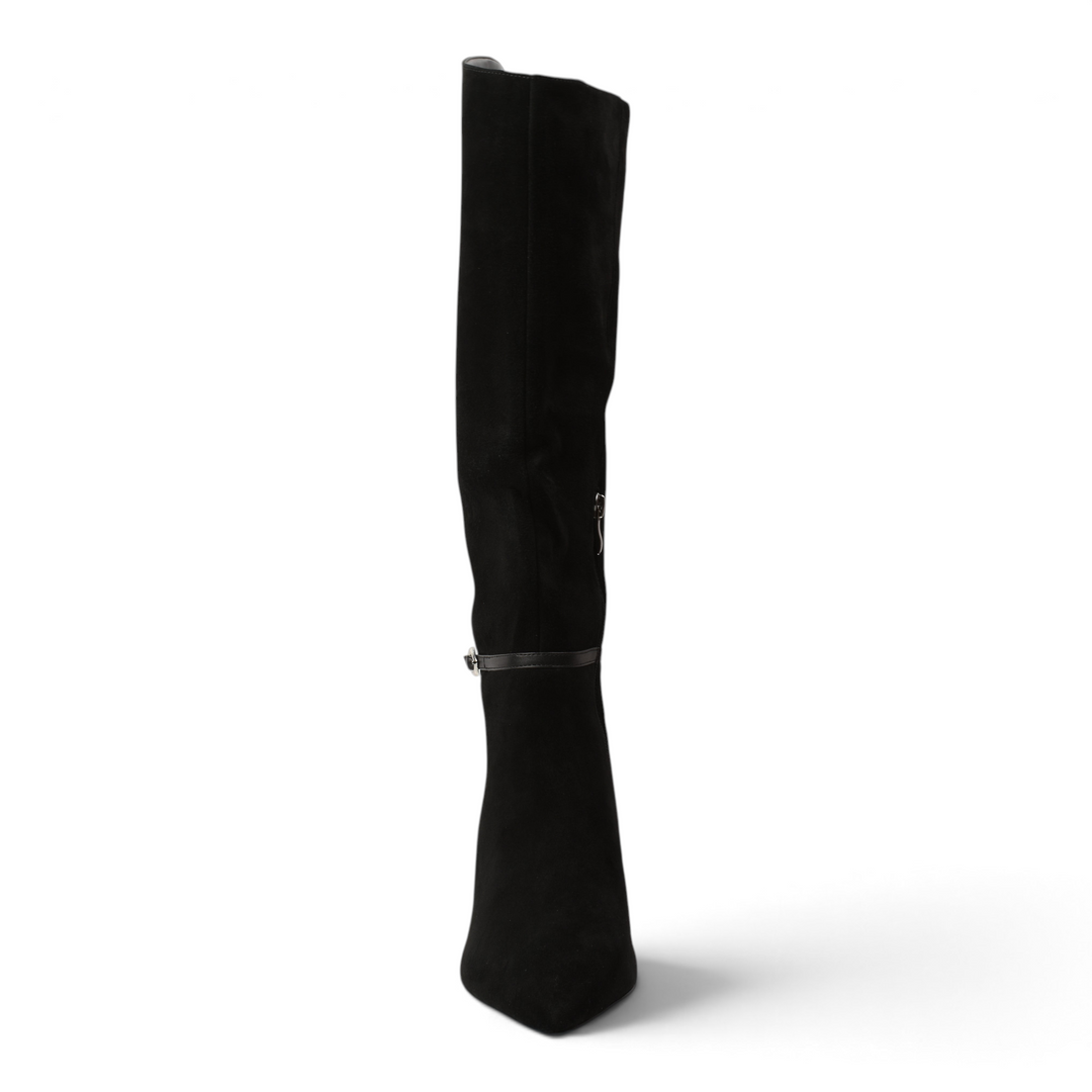 ada-shoes.ro Anna Viotti black suede knee-high boots with a minimalist design and stable block heel