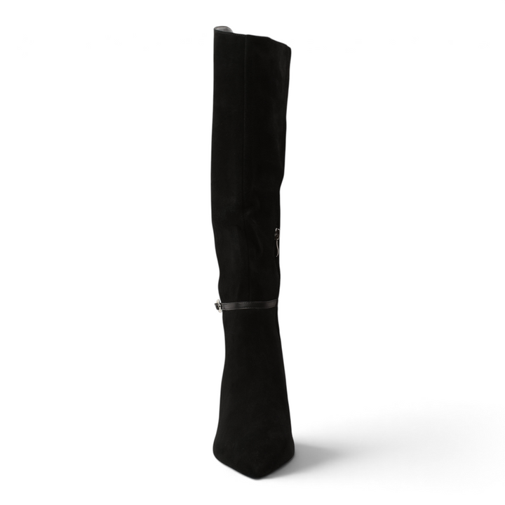 ada-shoes.ro Anna Viotti black suede knee-high boots with a minimalist design and stable block heel