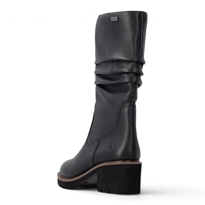 ada-shoes.ro Remonte black slouchy boots with remonteTEX waterproof membrane, block heel, and textured faux leather.