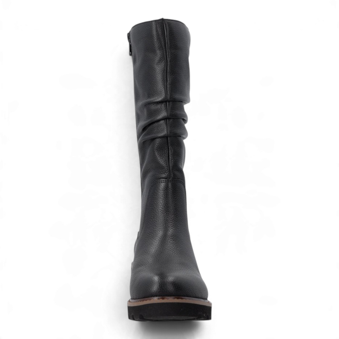 ada-shoes.ro Remonte black slouchy boots with textured faux leather, waterproof remonteTEX membrane, and block heel.