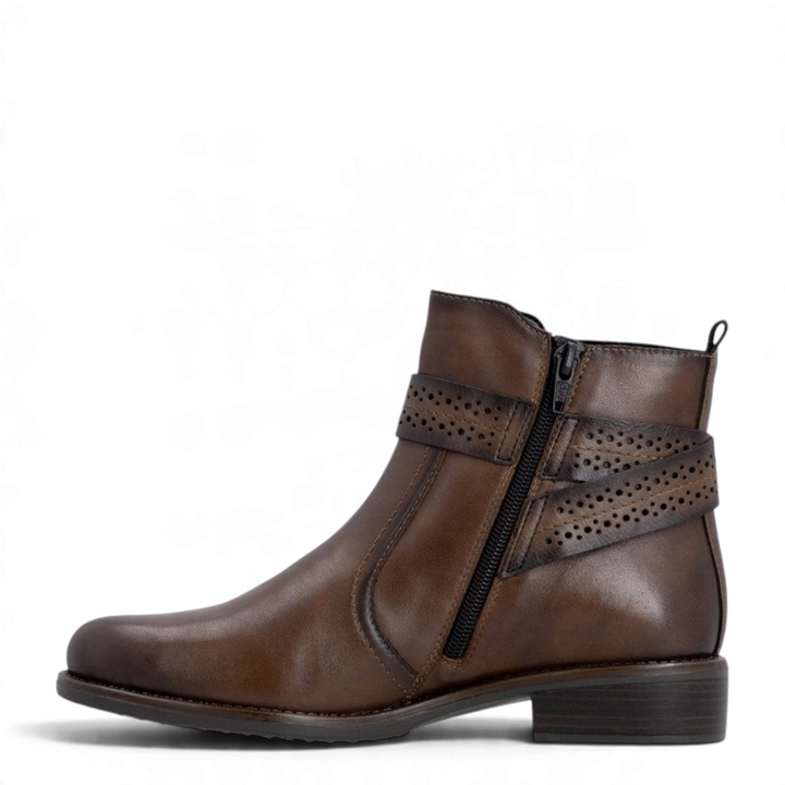 ada-shoes.ro Remonte brown faux leather ankle boots with side zipper, perforated strap, and gold buckle detail