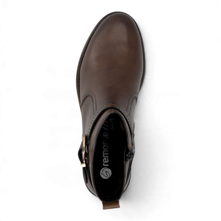 ada-shoes.ro Remonte D0F81-22 brown faux leather ankle boots with decorative strap and gold buckle, top view
