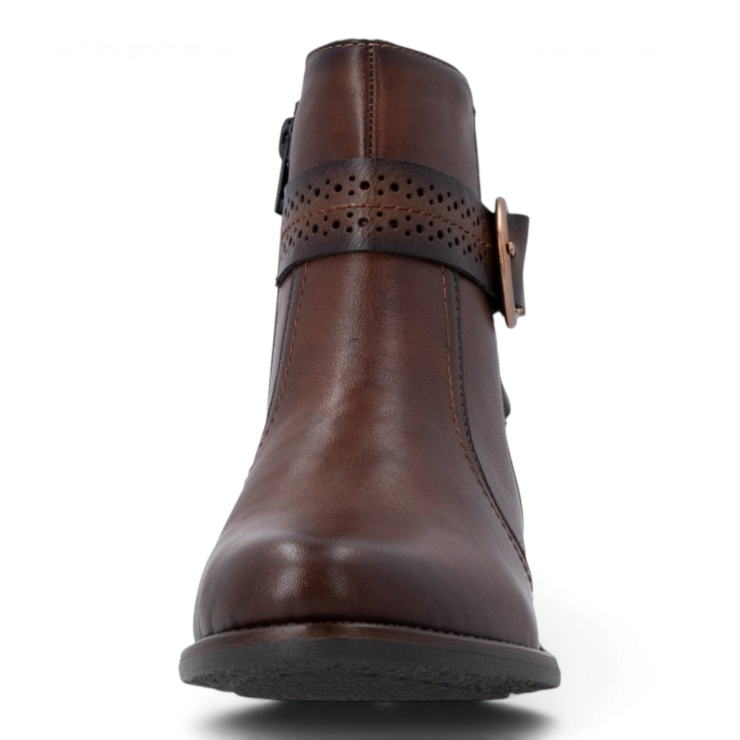ada-shoes.ro Remonte brown faux leather ankle boots with a perforated strap, gold buckle, and side zipper.