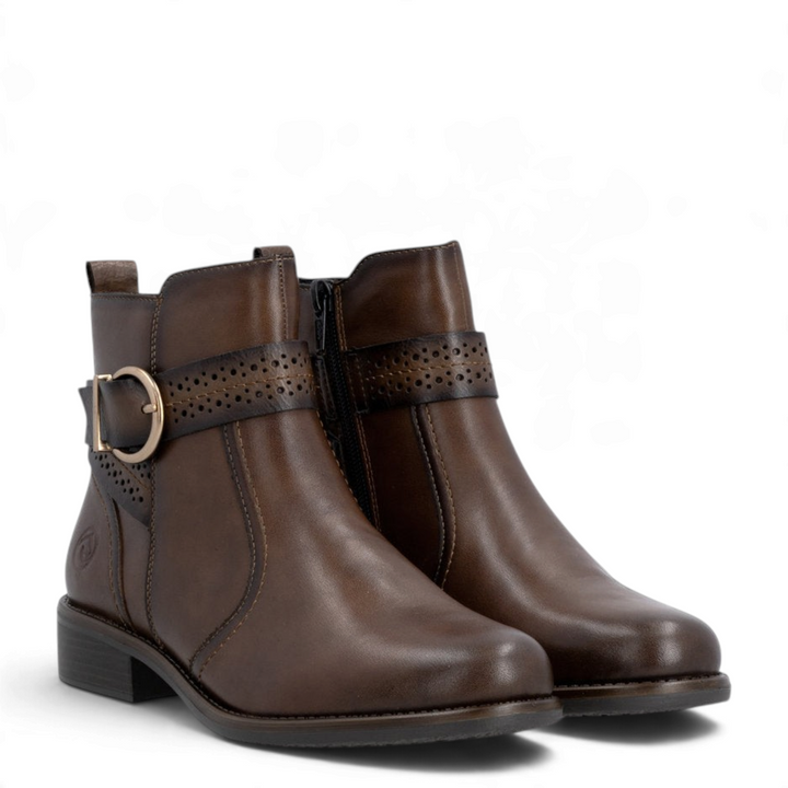 ada-shoes.ro Remonte brown ankle boots with a decorative perforated strap, gold buckle, and side zipper closure.