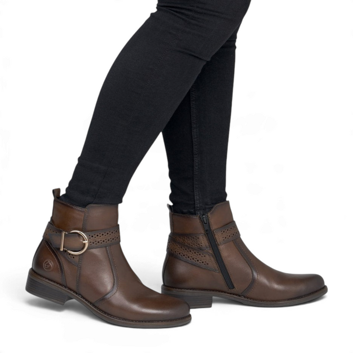 ada-shoes.ro Remonte brown ankle boots with perforated strap, gold buckle, side zipper, and stable block heel